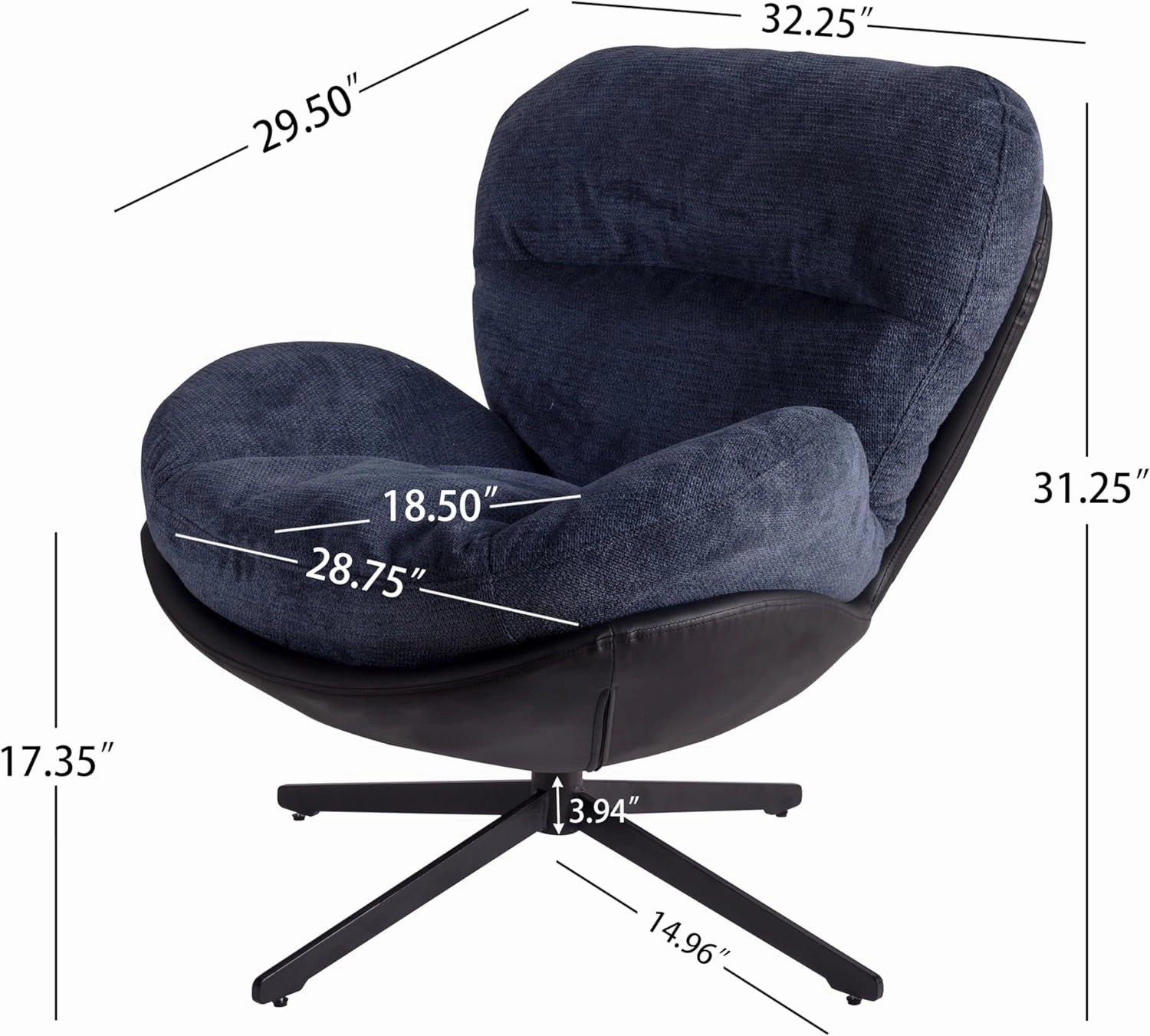 Christopher Knight Home 360° Swivel Accent Chair, Modern Chenille Lounge Chair with Faux Leather and Black Metal Base Frame, Reading Chair for Small Spaces, Living Room, Bedroom, Navy Blue