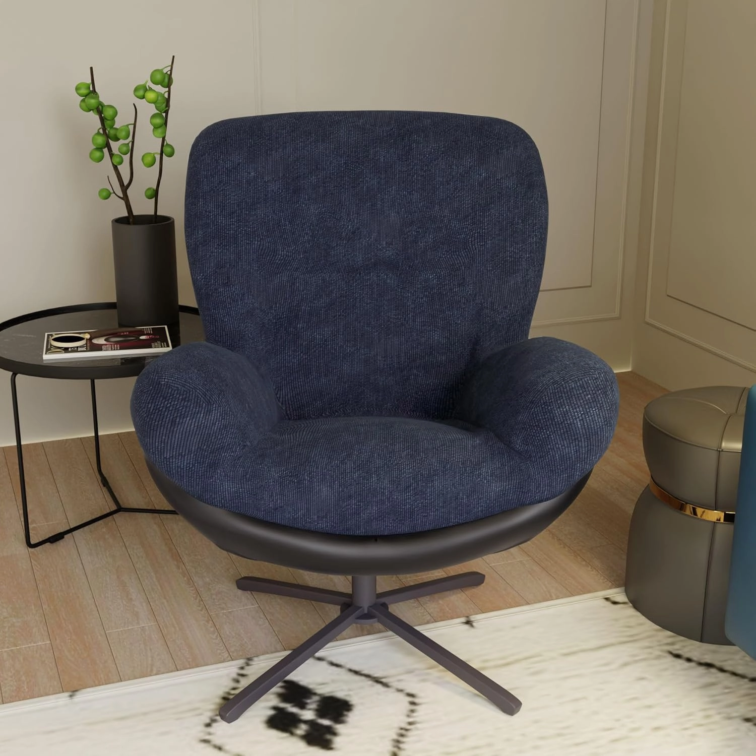 Christopher Knight Home 360° Swivel Accent Chair, Modern Chenille Lounge Chair with Faux Leather and Black Metal Base Frame, Reading Chair for Small Spaces, Living Room, Bedroom, Navy Blue