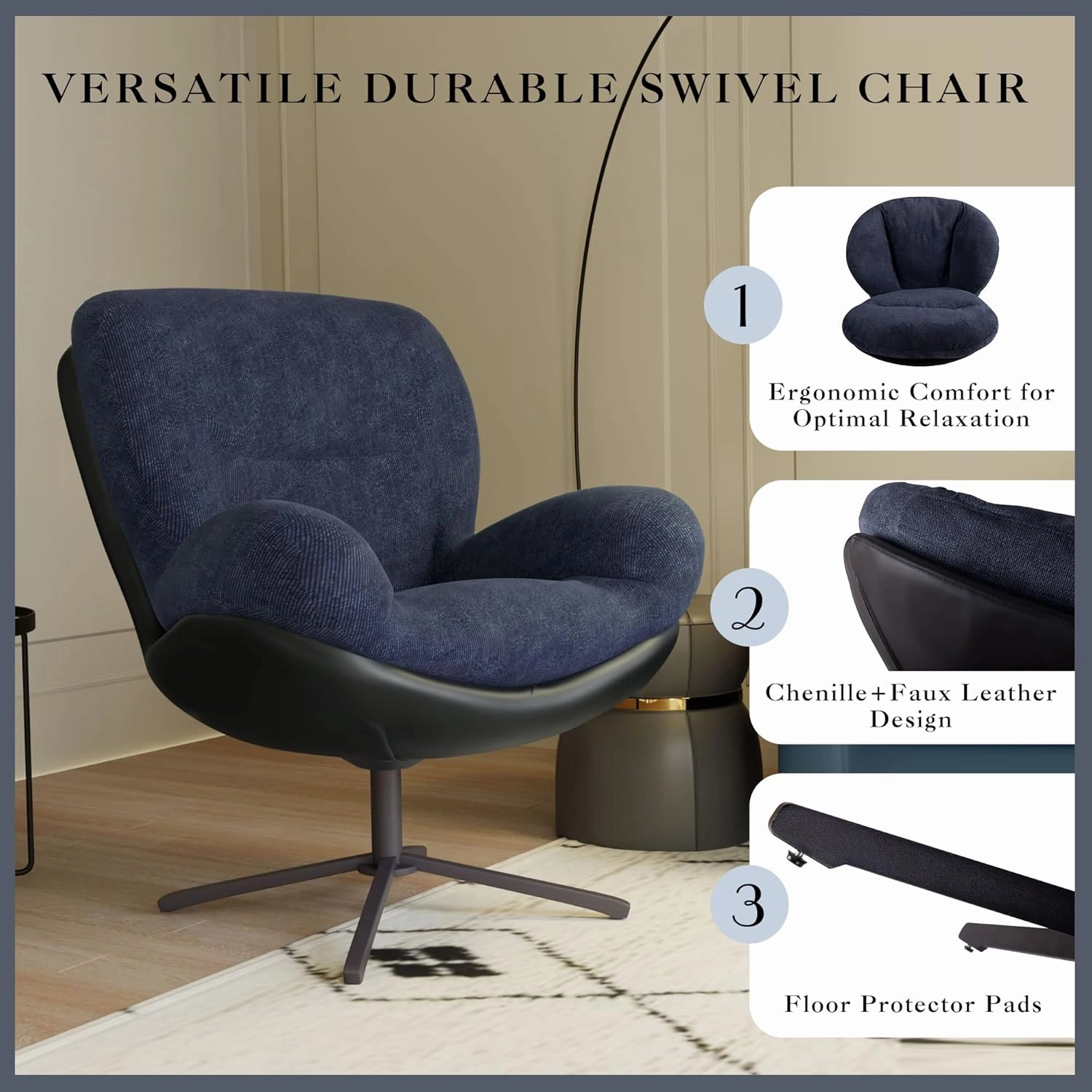 Christopher Knight Home 360° Swivel Accent Chair, Modern Chenille Lounge Chair with Faux Leather and Black Metal Base Frame, Reading Chair for Small Spaces, Living Room, Bedroom, Navy Blue