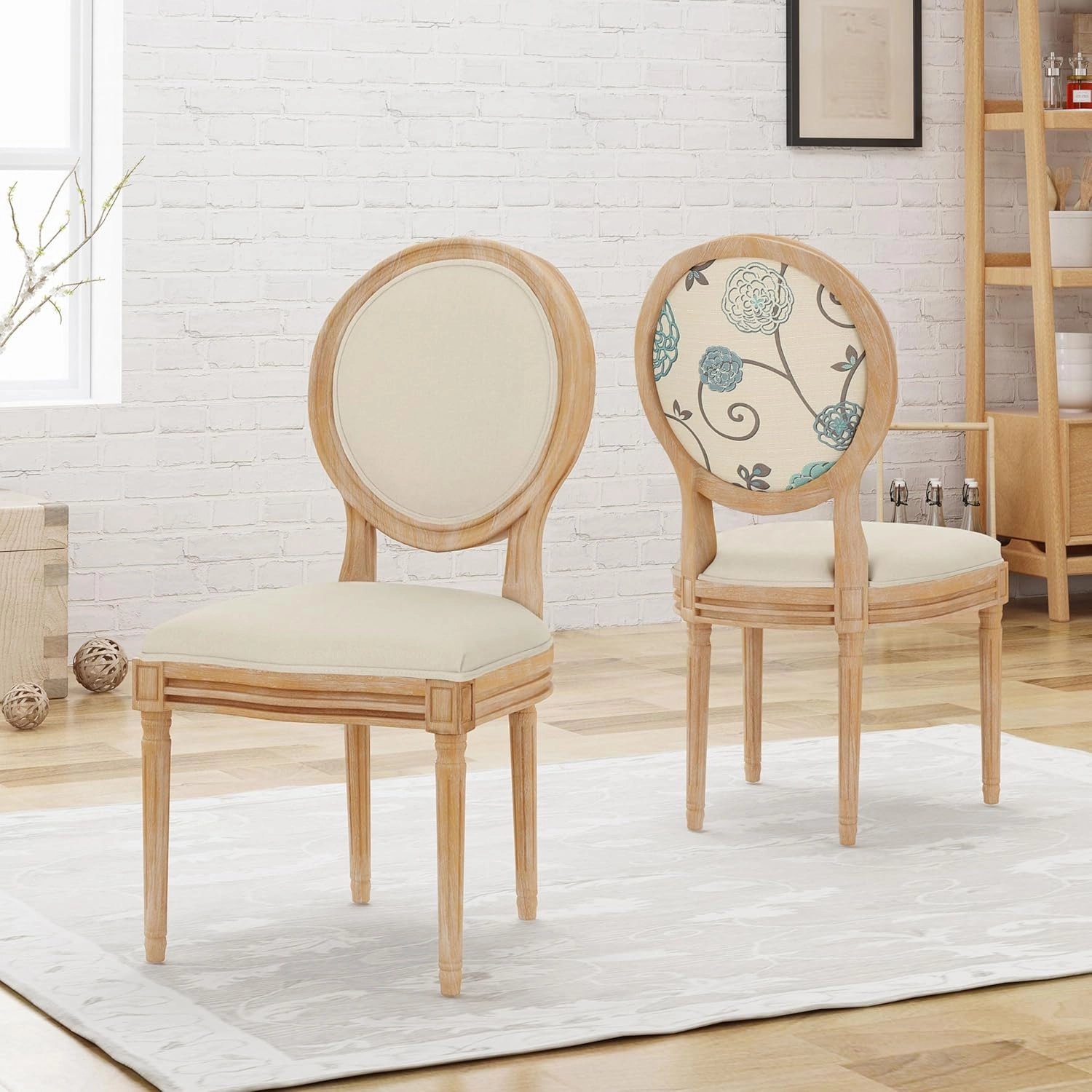 Christopher Knight Home Reed Upholstered Farmhouse Dining Chairs, Blue, White, and Beige (Set of 2)
