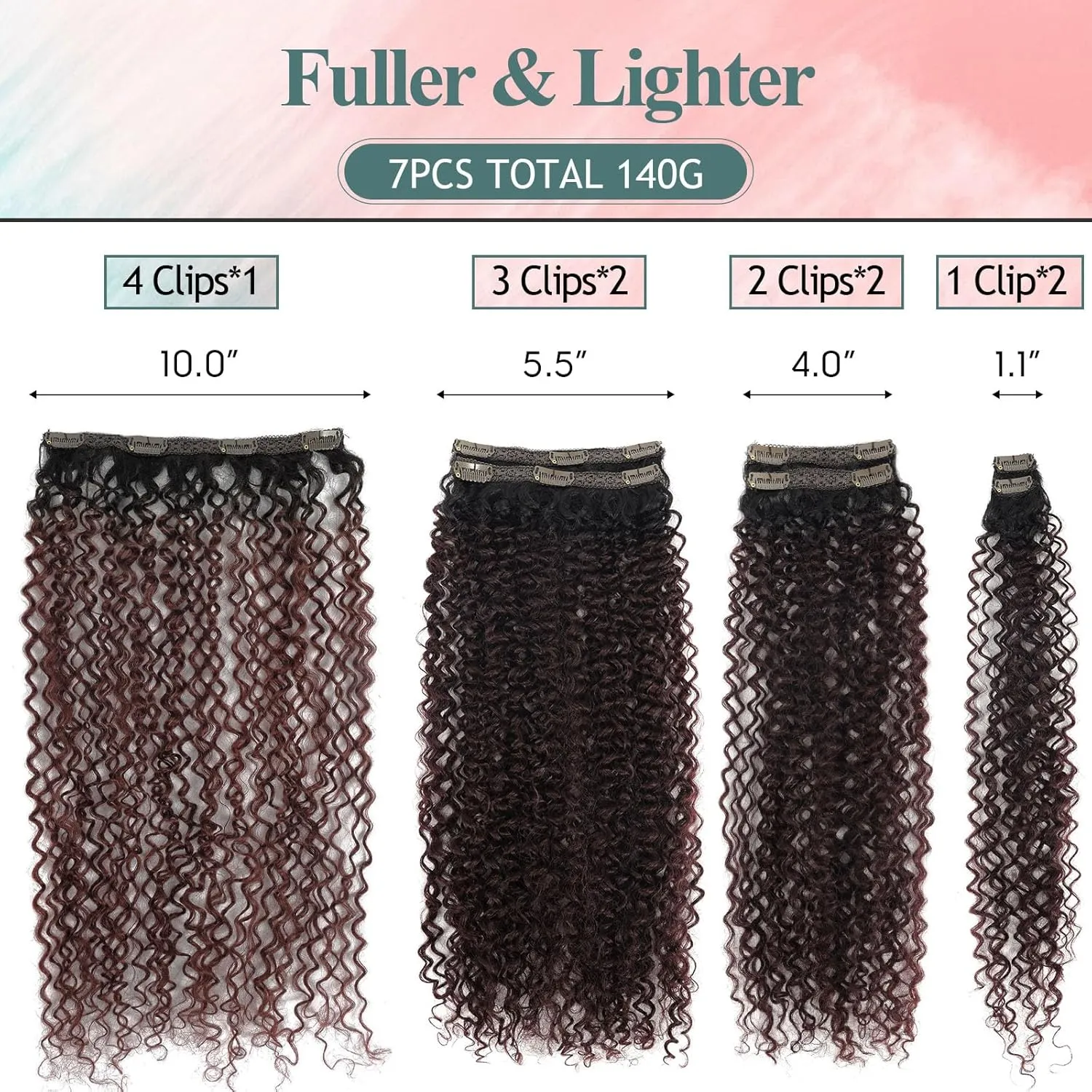 Clip In Curly Hair Extensions - 140G Synthetic hair #99j burgundy Clip In Hair Extensions Natural Thick Jerry For Black Women Hair extensions Hairpieces(T1B/99J# 24 Inch)(Pack of 7)