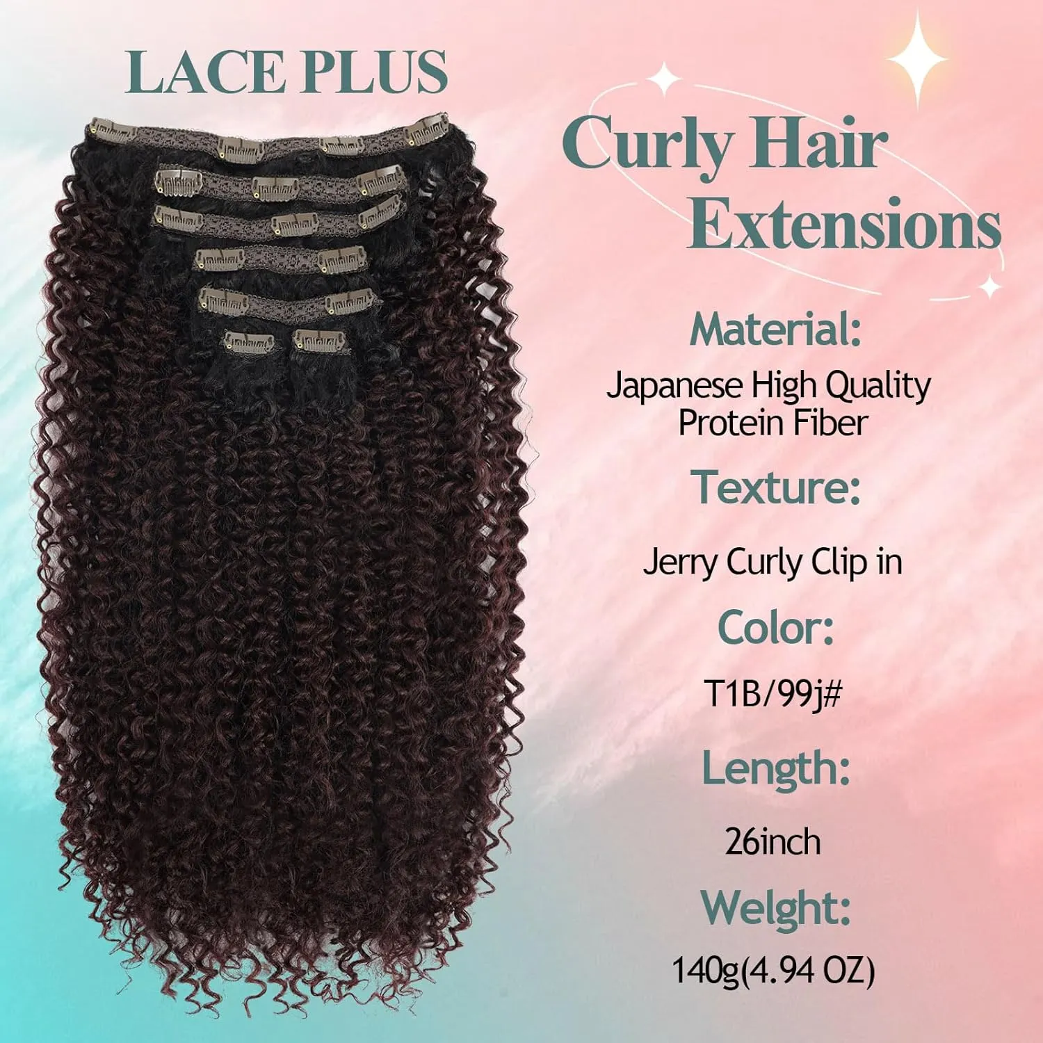 Clip In Curly Hair Extensions - 140G Synthetic hair #99j burgundy Clip In Hair Extensions Natural Thick Jerry For Black Women Hair extensions Hairpieces(T1B/99J# 24 Inch)(Pack of 7)