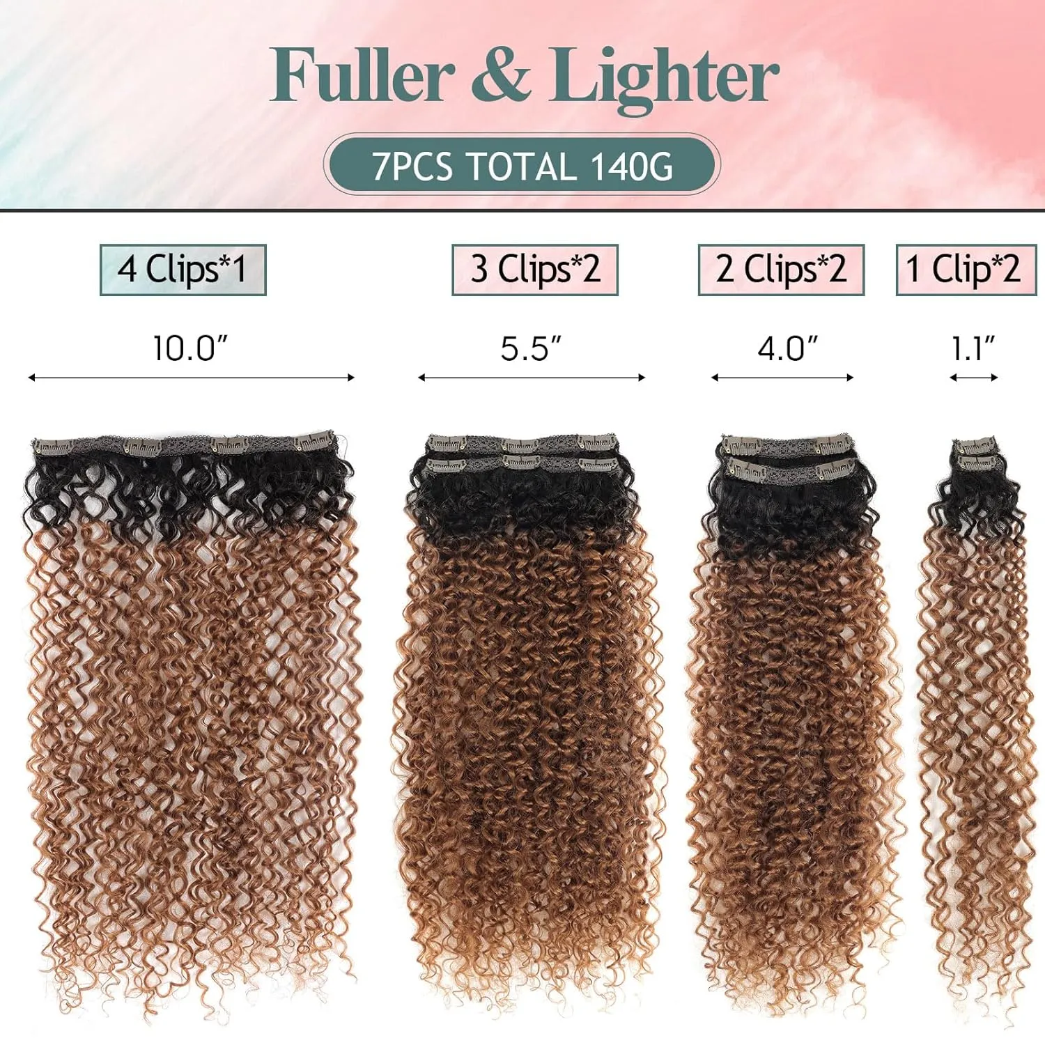 Clip In Curly Hair Extensions - 140G Synthetic hair Natural Black Medium Auburn Clip In Hair Extensions Jerry For Black Women Hair extensions Hairpieces (T1B/30# 24 Inch)(Pack of 7)