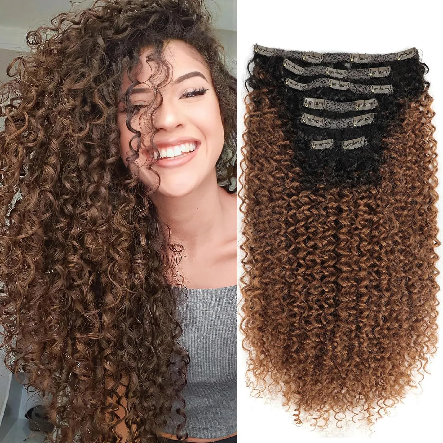 Clip In Curly Hair Extensions - 140G Synthetic hair Natural Black Medium Auburn Clip In Hair Extensions Jerry For Black Women Hair extensions Hairpieces (T1B/30# 24 Inch)(Pack of 7)