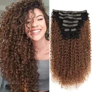 Clip In Curly Hair Extensions - 140G Synthetic hair Natural Black Medium Auburn Clip In Hair Extensions Jerry For Black Women Hair extensions Hairpieces (T1B/30# 24 Inch)(Pack of 7)