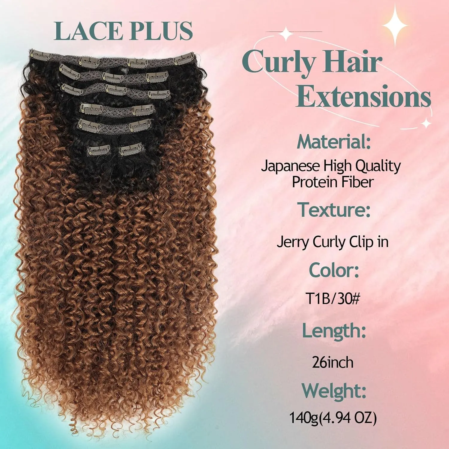 Clip In Curly Hair Extensions - 140G Synthetic hair Natural Black Medium Auburn Clip In Hair Extensions Jerry For Black Women Hair extensions Hairpieces (T1B/30# 24 Inch)(Pack of 7)