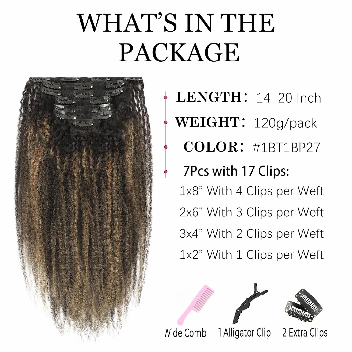 Clip in Hair Extensions Kinky Straight Clip ins for Black Women Two Tone Rooted Black Piano Natural Black Mixeed with Caramel Blonde Kinky Clip ins Double Weft Extensions 14 Inch 7Pcs 120g