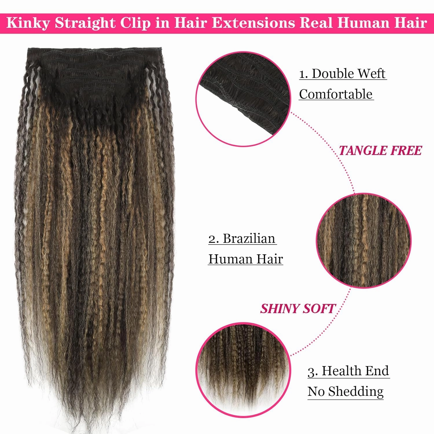Clip in Hair Extensions Kinky Straight Clip ins for Black Women Two Tone Rooted Black Piano Natural Black Mixeed with Caramel Blonde Kinky Clip ins Double Weft Extensions 14 Inch 7Pcs 120g