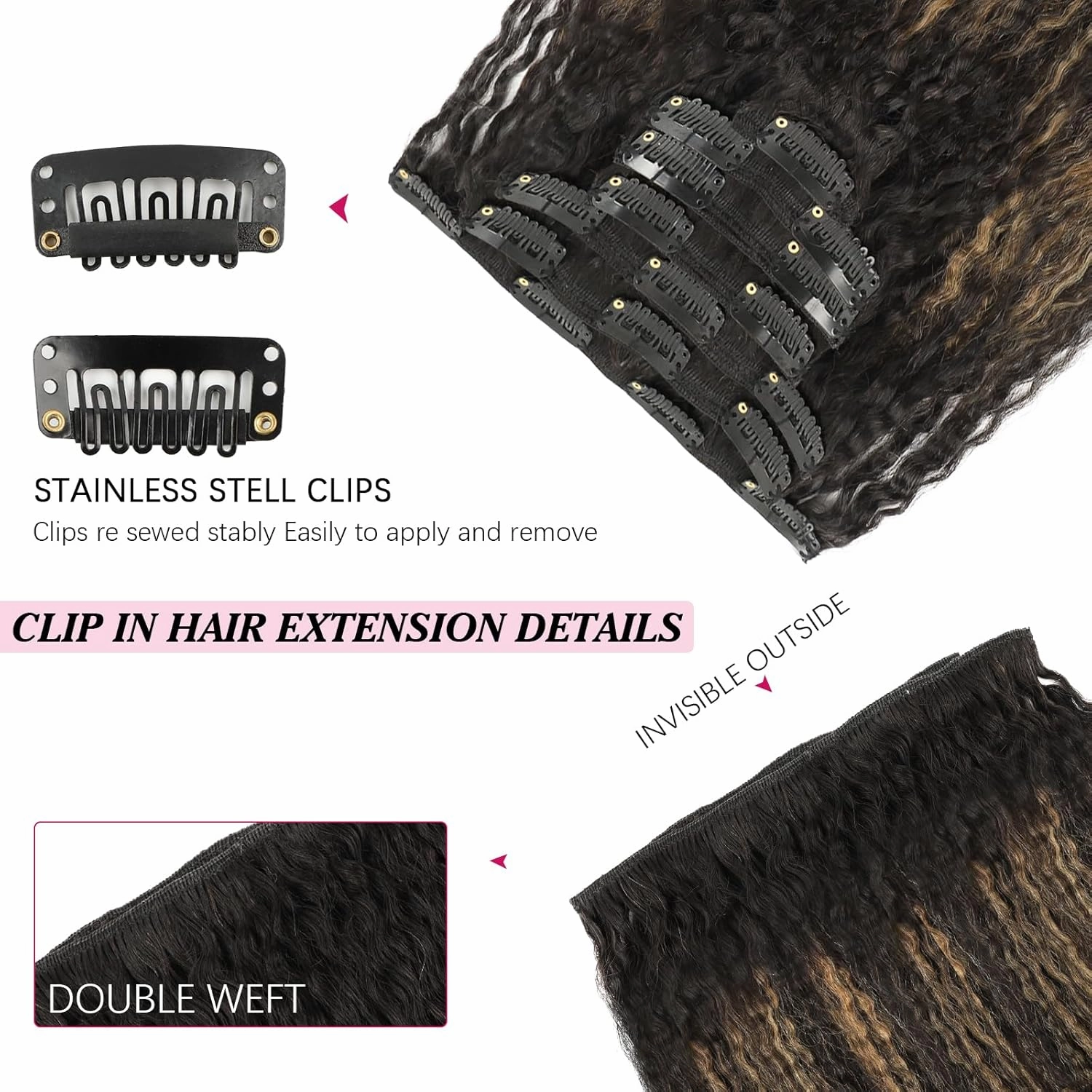 Clip in Hair Extensions Kinky Straight Clip ins for Black Women Two Tone Rooted Black Piano Natural Black Mixeed with Caramel Blonde Kinky Clip ins Double Weft Extensions 14 Inch 7Pcs 120g