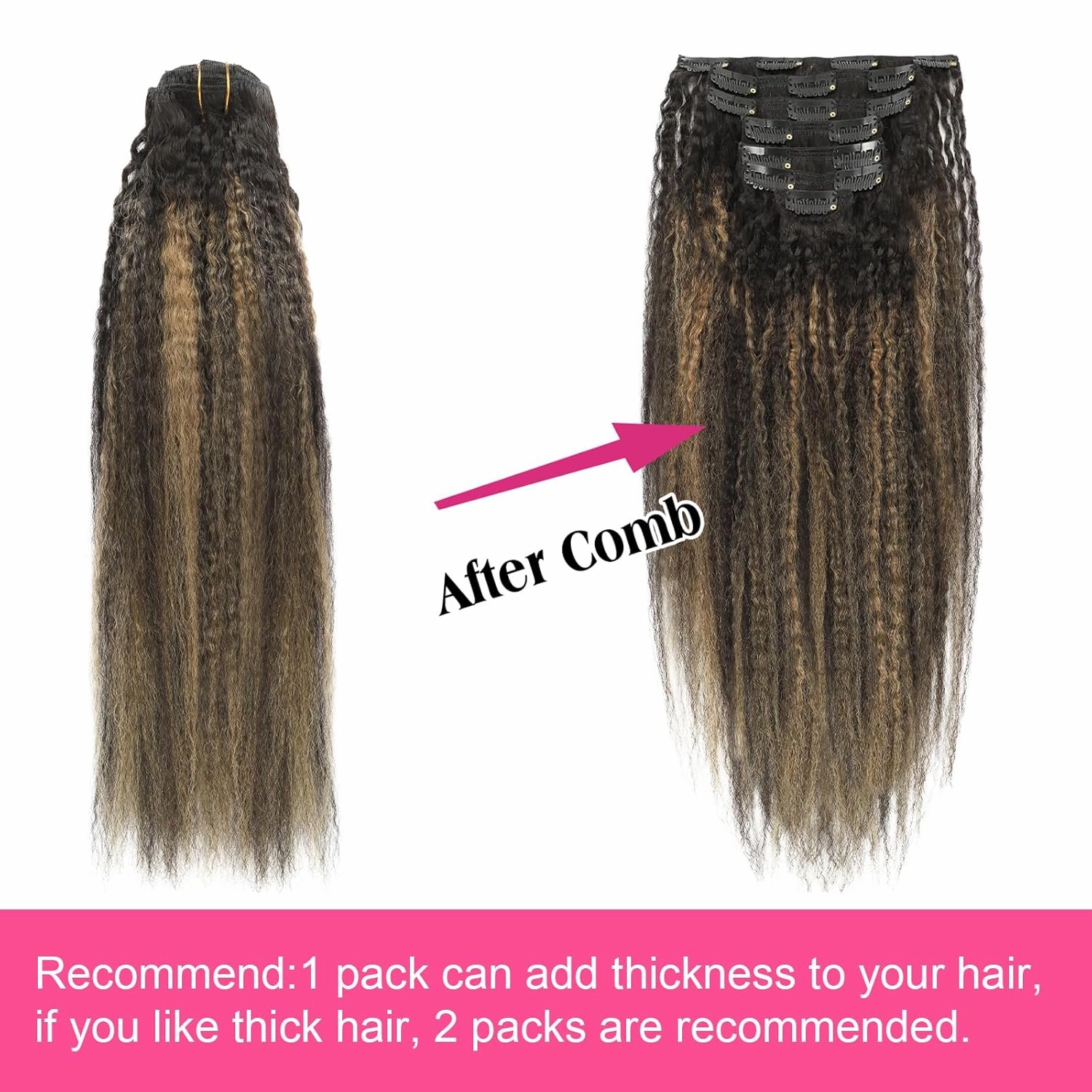 Clip in Hair Extensions Kinky Straight Clip ins for Black Women Two Tone Rooted Black Piano Natural Black Mixeed with Caramel Blonde Kinky Clip ins Double Weft Extensions 14 Inch 7Pcs 120g
