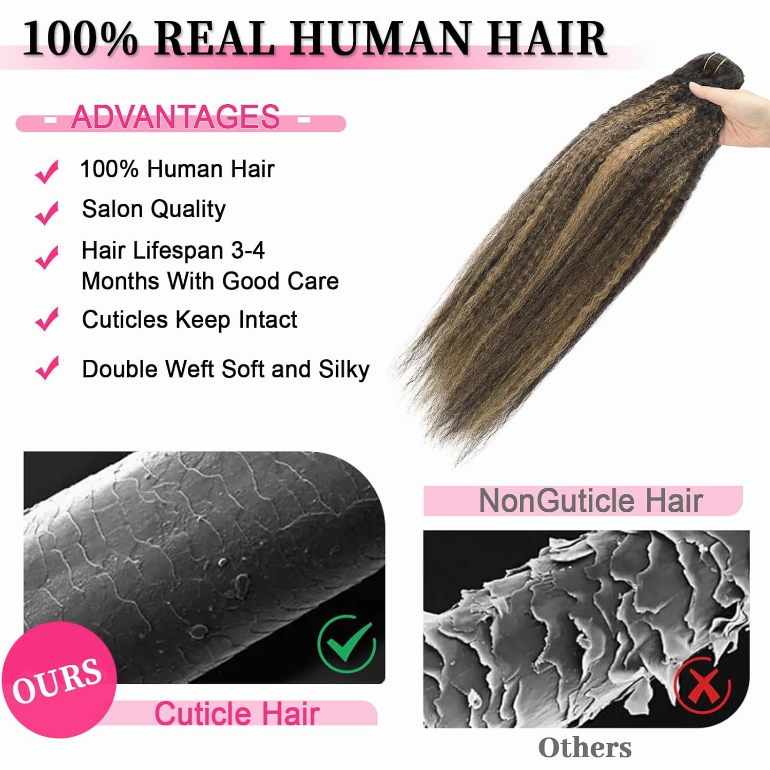 Clip in Hair Extensions Kinky Straight Clip ins for Black Women Two Tone Rooted Black Piano Natural Black Mixeed with Caramel Blonde Kinky Clip ins Double Weft Extensions 14 Inch 7Pcs 120g