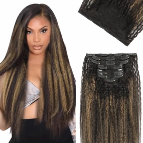 Clip in Hair Extensions Kinky Straight Clip ins for Black Women Two Tone Rooted Black Piano Natural Black Mixeed with Caramel Blonde Kinky Clip ins Double Weft Extensions 14 Inch 7Pcs 120g