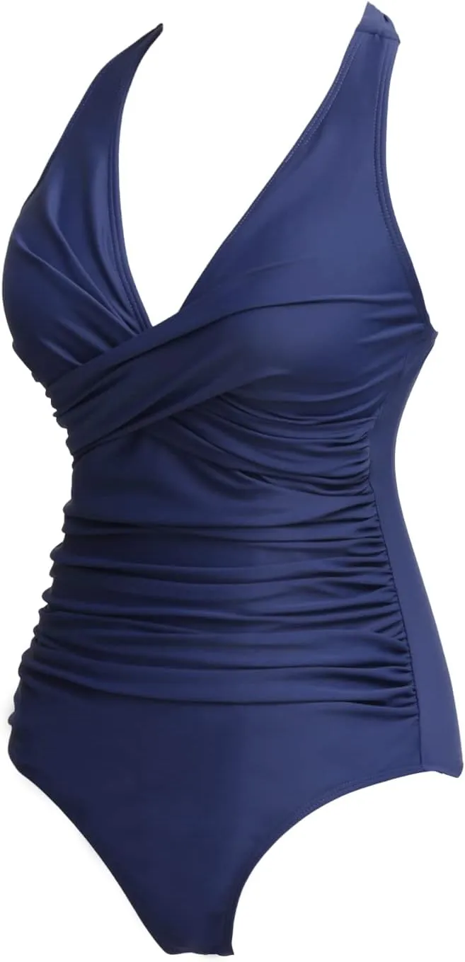 COCOPEAR One Piece Crossover Swimsuit High Waisted Tummy Control Swimwear Ruched Halter Push Up Bathing Suits for Women