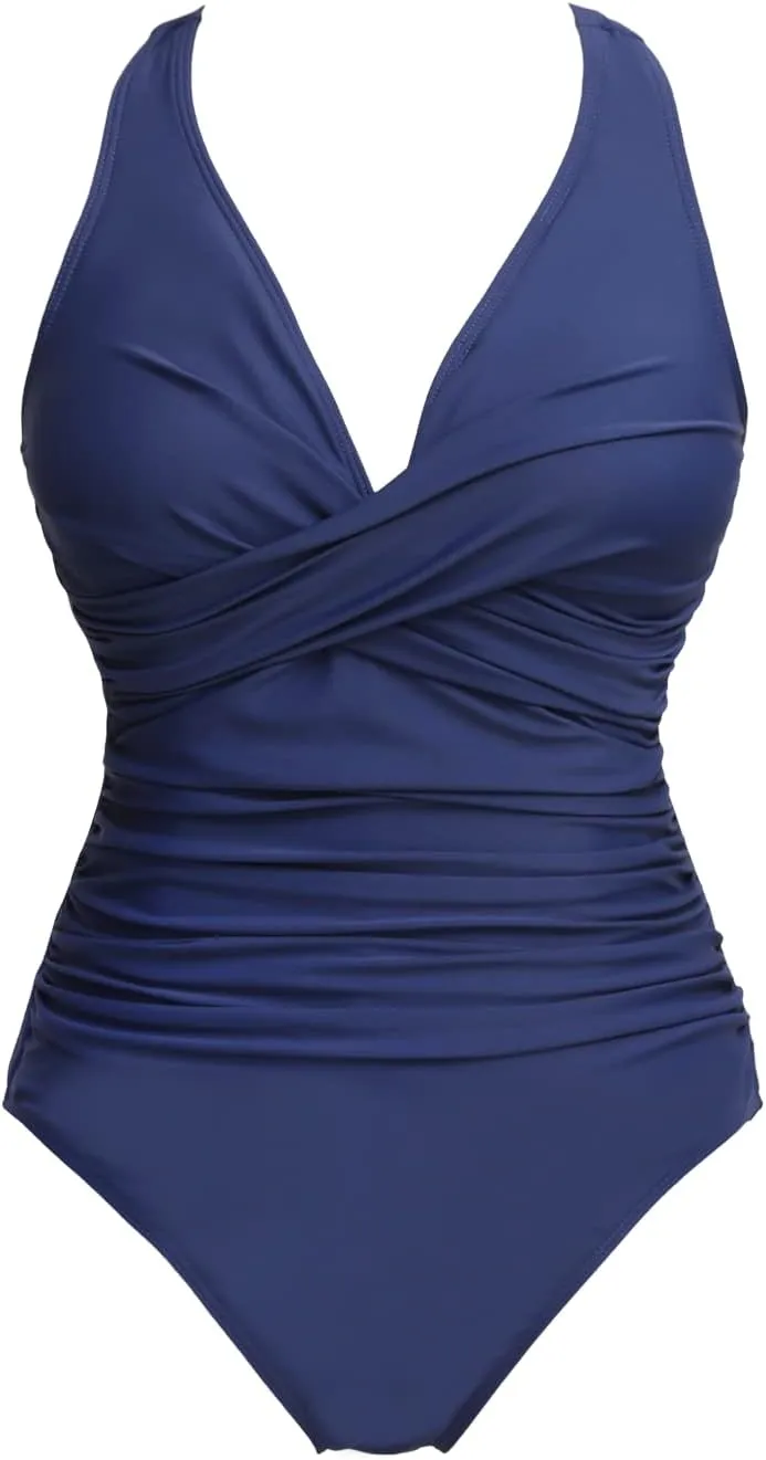 COCOPEAR One Piece Crossover Swimsuit High Waisted Tummy Control Swimwear Ruched Halter Push Up Bathing Suits for Women