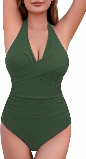 COCOPEAR One Piece Crossover Swimsuit High Waisted Tummy Control Swimwear Ruched Halter Push Up Bathing Suits for Women