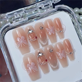 Coffin Long Handmade Nails Blooming Blush Press on Nails Shiny French Tips Nail Art Decoration for Women and Girls Manicure 10pcs (M)