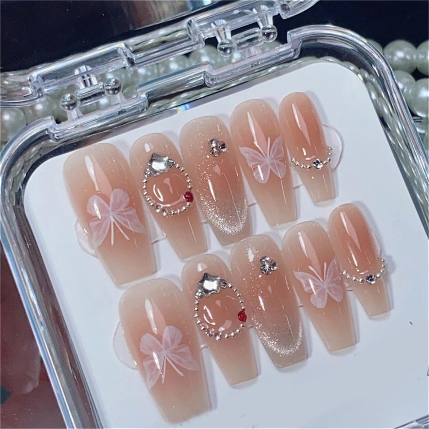 Coffin Long Handmade Nails Blooming Blush Press on Nails Shiny French Tips Nail Art Decoration for Women and Girls Manicure 10pcs (S)