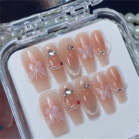 Coffin Long Handmade Nails Blooming Blush Press on Nails Shiny French Tips Nail Art Decoration for Women and Girls Manicure 10pcs (S)