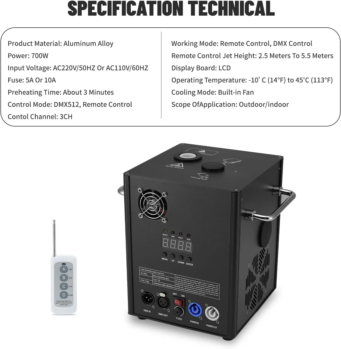Cold Spark Machine 700W 4PCS Sparkler Fountain with Remote & DMX512 3CH Control, 6–19ft Height Adjustable, Safe & Reusablefor Wedding Party Event Church DJ Show Performance（Not Include Material）