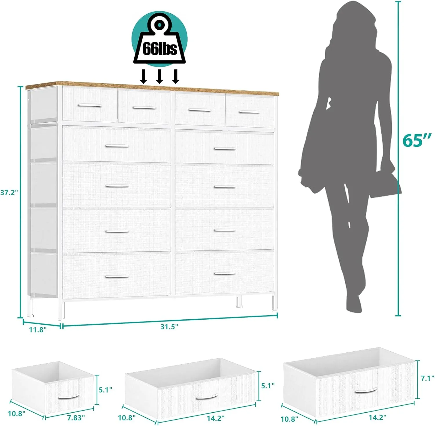 Compact 12 Drawers Dresser for Bedroom, Fabric Storage Tower, Chest of Drawers with Retro Wood Top for Closet, Nursery, Living Room