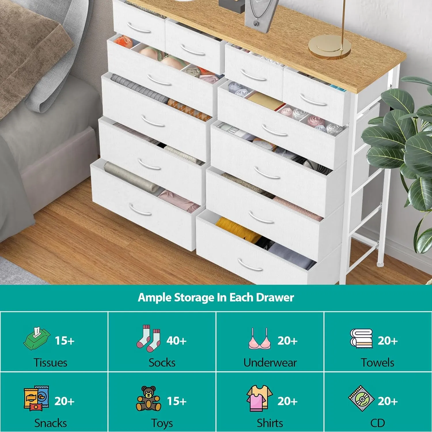Compact 12 Drawers Dresser for Bedroom, Fabric Storage Tower, Chest of Drawers with Retro Wood Top for Closet, Nursery, Living Room