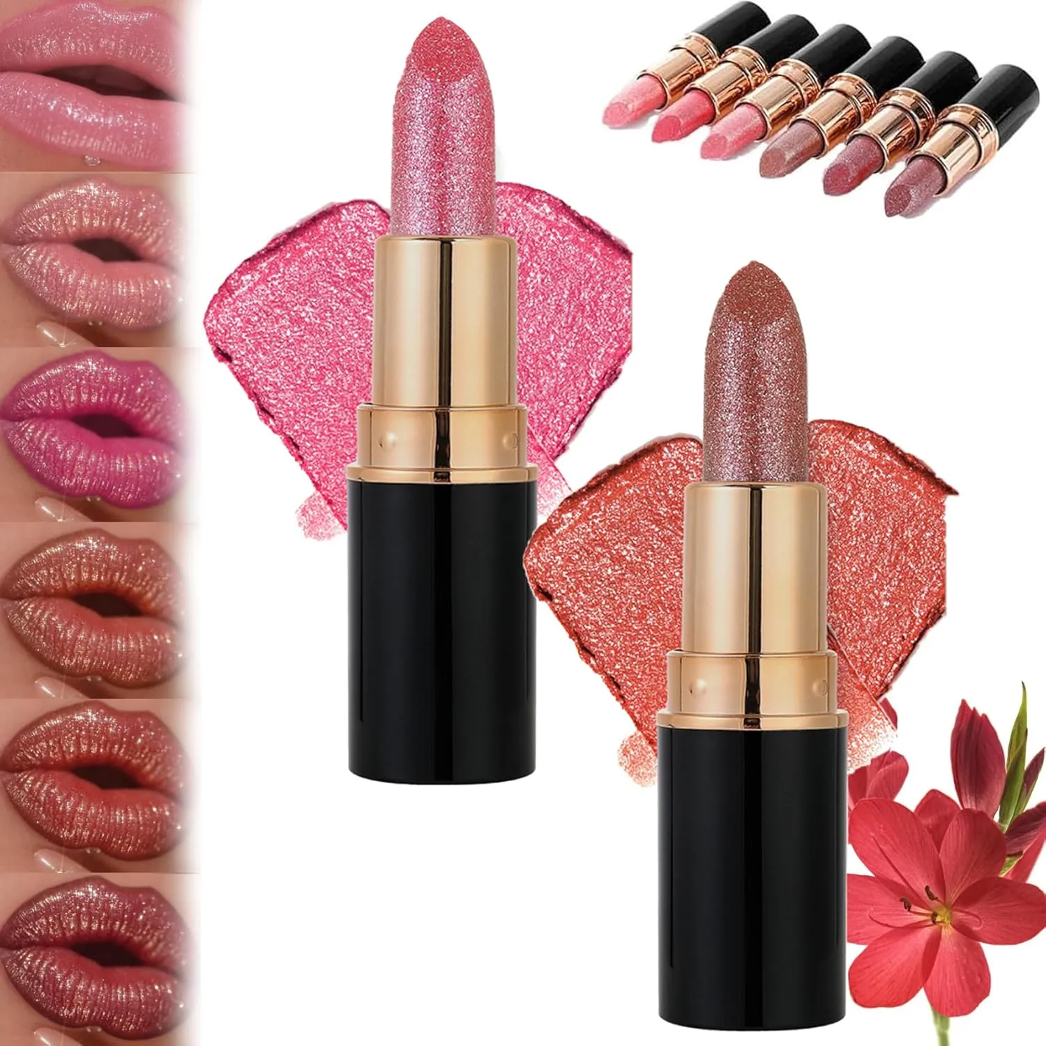 Comparison Diamond Lip Gloss Glitter Lipstick Waterproof, Diamond Glitter Lipstick, Non-Stick Plumping Shiny Matte Metallic Lipsticks for Women (03#,04#)