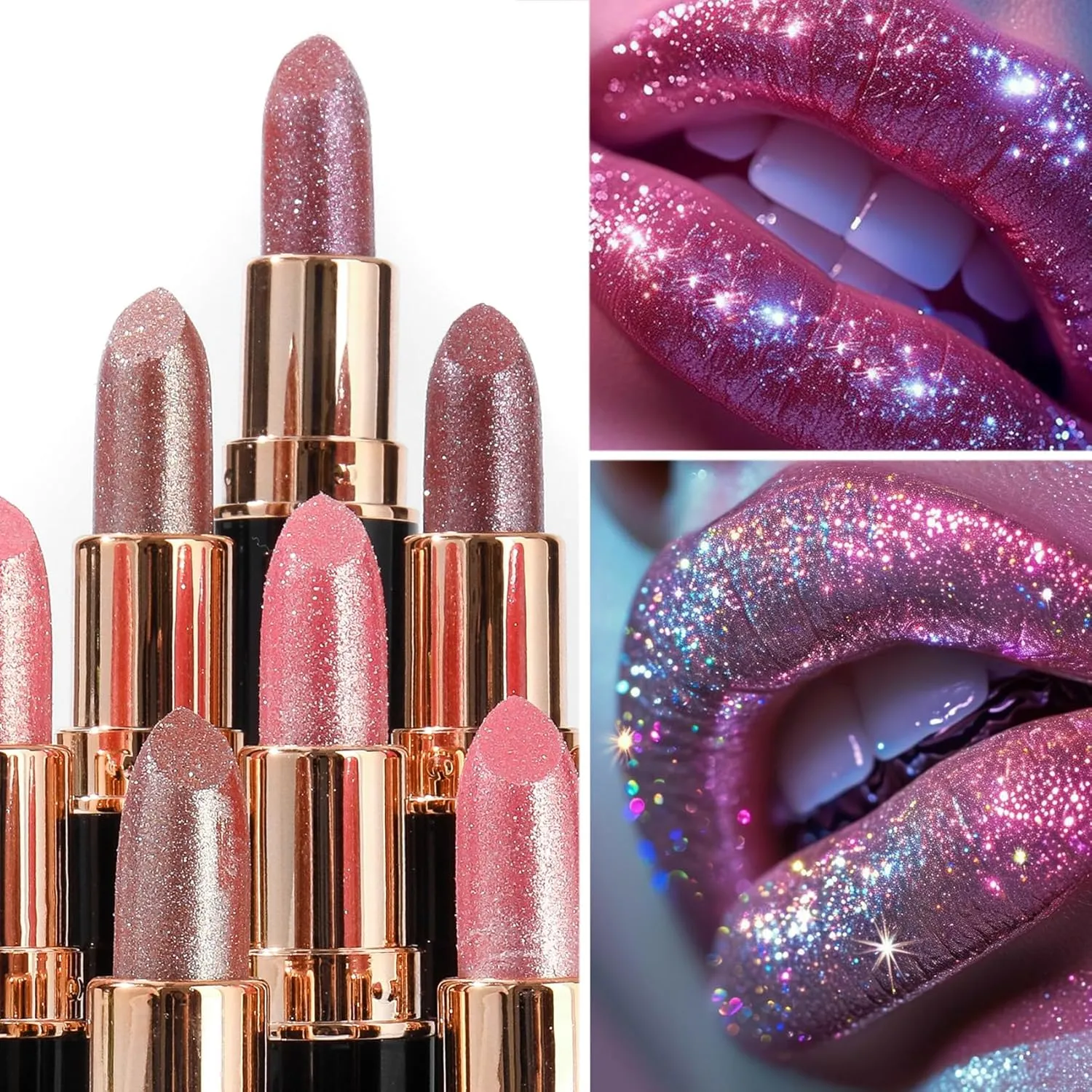 Comparison Diamond Lip Gloss Glitter Lipstick Waterproof, Diamond Glitter Lipstick, Non-Stick Plumping Shiny Matte Metallic Lipsticks for Women (03#,04#)