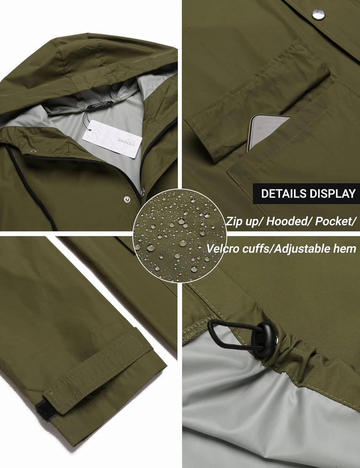 COOFANDY Men's Rain Jacket with Hood Waterproof Lightweight Active Long Raincoat