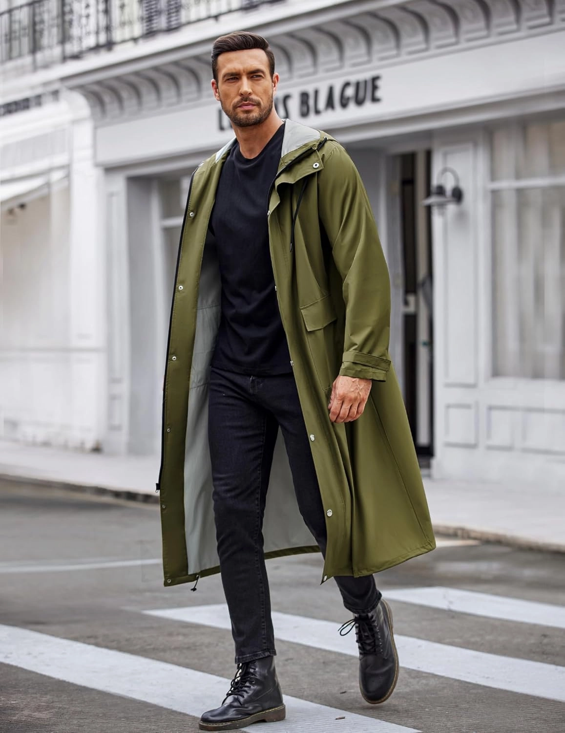 COOFANDY Men's Rain Jacket with Hood Waterproof Lightweight Active Long Raincoat