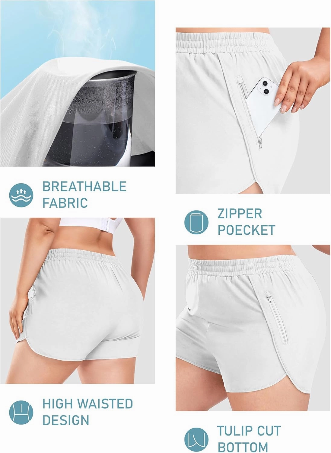 COOTRY Women's Athletic Shorts Plus Size High Waisted Quick Dry Gym Running Workout Clothes with Zip Pockets 3 Inch
