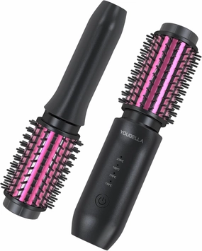 Cordless Hair Curling Iron Brush, Mini Travel Hot Straightener Comb, 3-in-1 Portable Wave Curling Wand, 1.5″ Ionic Heated Brush, USB Rechargeable Hair Curler, Black
