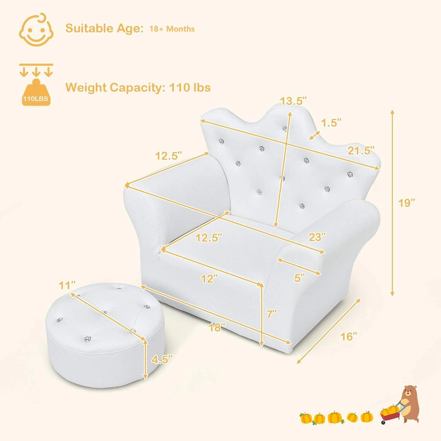 Costzon Kids Sofa, Children Upholstered Sofa with Ottoman, Princess Sofa with Diamond Decoration, Smooth PVC Leather Toddler Chair, Kids Couch for Boys and Girls, Gift for Toddlers (White)