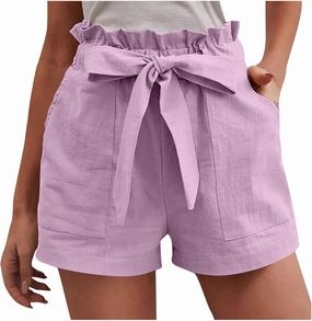 Cotton Linen Shorts for Women Summer 2024 Casual Tie Waist Wide Leg Lounge Shorts Beach Vacation Paperbag Shorts