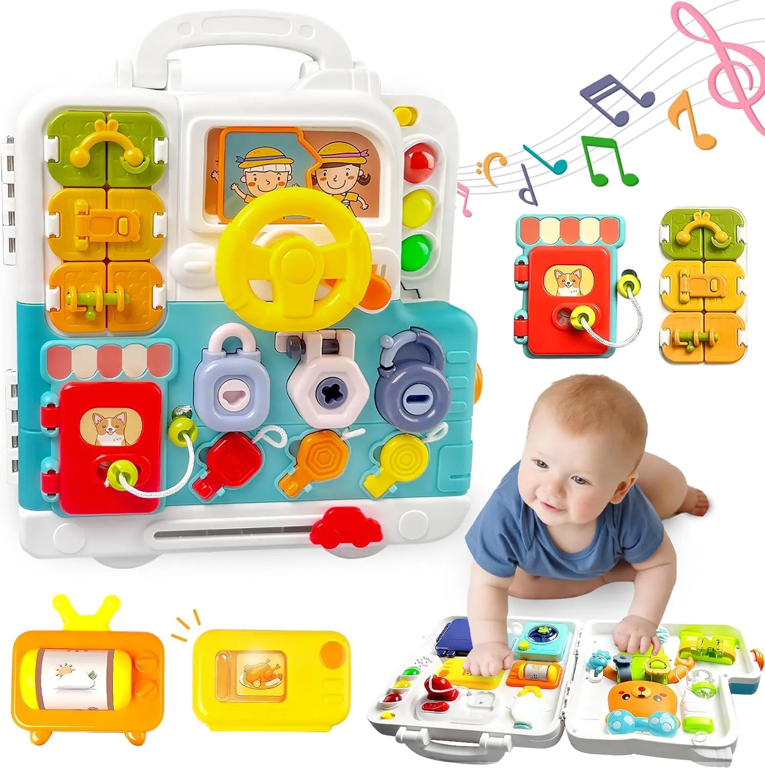 COVTOY Montessori Busy Board for 1-2 Year Olds, Musical & Educational Toddler Toys, Birthday Gifts for Boys & Girls, Travel Toys