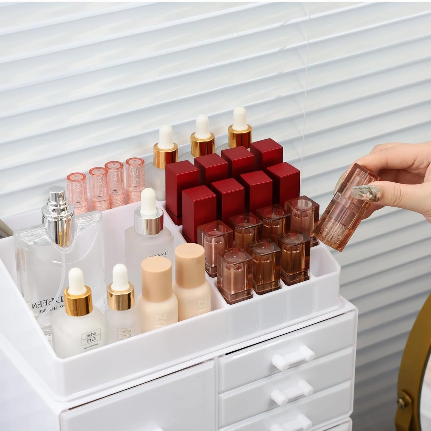 Cq acrylic Dresser Organizer Countertop White Plastic Acrylic Organizers 4 Drawer | 2 Piece Set | Cute Desk Organizer and Beauty Supplies,Skin Care and Skincare for Vanity and Bathroom Countertop