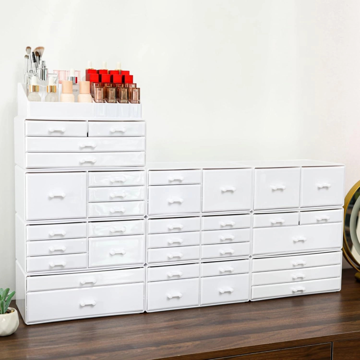 Cq acrylic Dresser Organizer Countertop White Plastic Acrylic Organizers 4 Drawer | 2 Piece Set | Cute Desk Organizer and Beauty Supplies,Skin Care and Skincare for Vanity and Bathroom Countertop