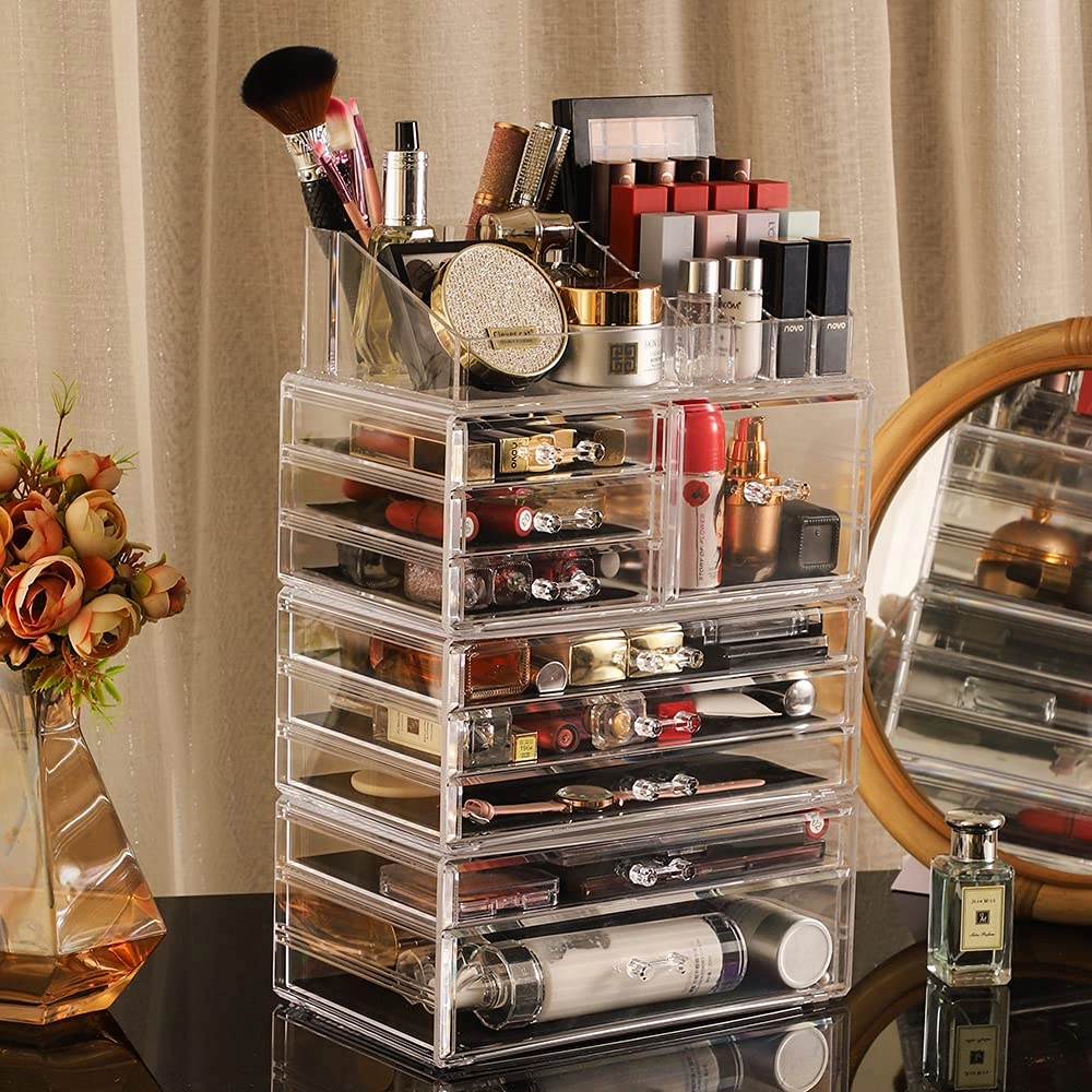 Cq acrylic Makeup Organizer Countertop For Vanity With 9 Drawers,Large Clear Plastic Make Up Storage for Jewelry,Hair Accessory,Beauty,Skin Care,Skincare Product Bathroom Organizer,Set of 4