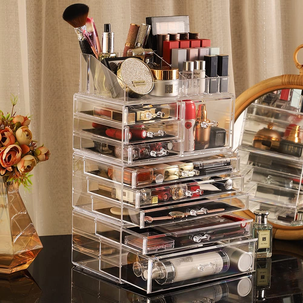 Cq acrylic Makeup Organizer Countertop For Vanity With 9 Drawers,Large Clear Plastic Make Up Storage for Jewelry,Hair Accessory,Beauty,Skin Care,Skincare Product Bathroom Organizer,Set of 4