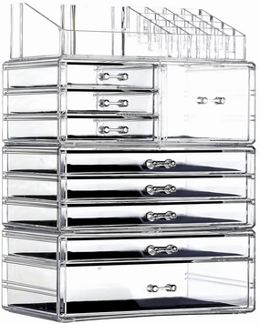Cq acrylic Makeup Organizer Countertop For Vanity With 9 Drawers,Large Clear Plastic Make Up Storage for Jewelry,Hair Accessory,Beauty,Skin Care,Skincare Product Bathroom Organizer,Set of 4