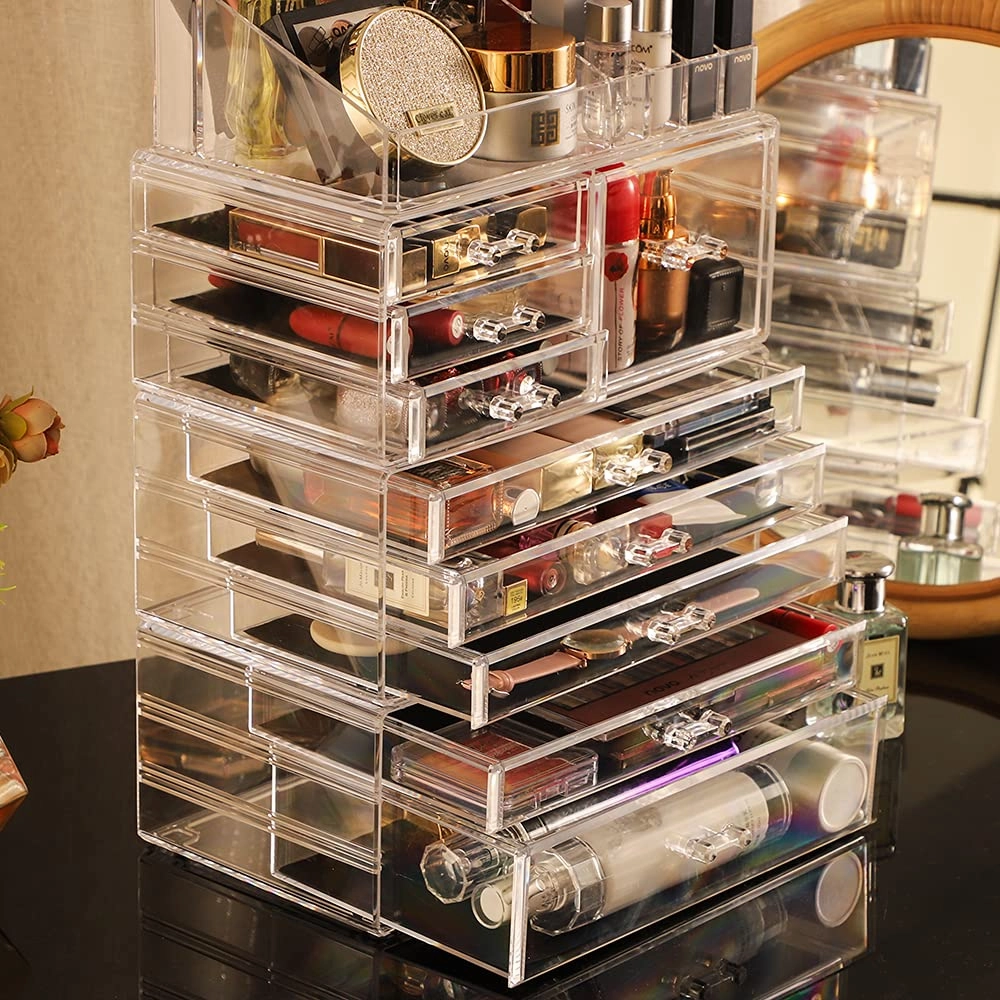 Cq acrylic Makeup Organizer Countertop For Vanity With 9 Drawers,Large Clear Plastic Make Up Storage for Jewelry,Hair Accessory,Beauty,Skin Care,Skincare Product Bathroom Organizer,Set of 4