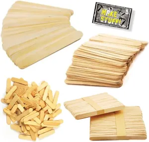 Craft Sticks, Assorted Sizes- Extra Jumbo (25-ct), Jumbo (50-ct), Regular (100-ct) and Mini (120-ct)-Natural Wood, 4-Pack Set with 'Make Stuff' Sticker