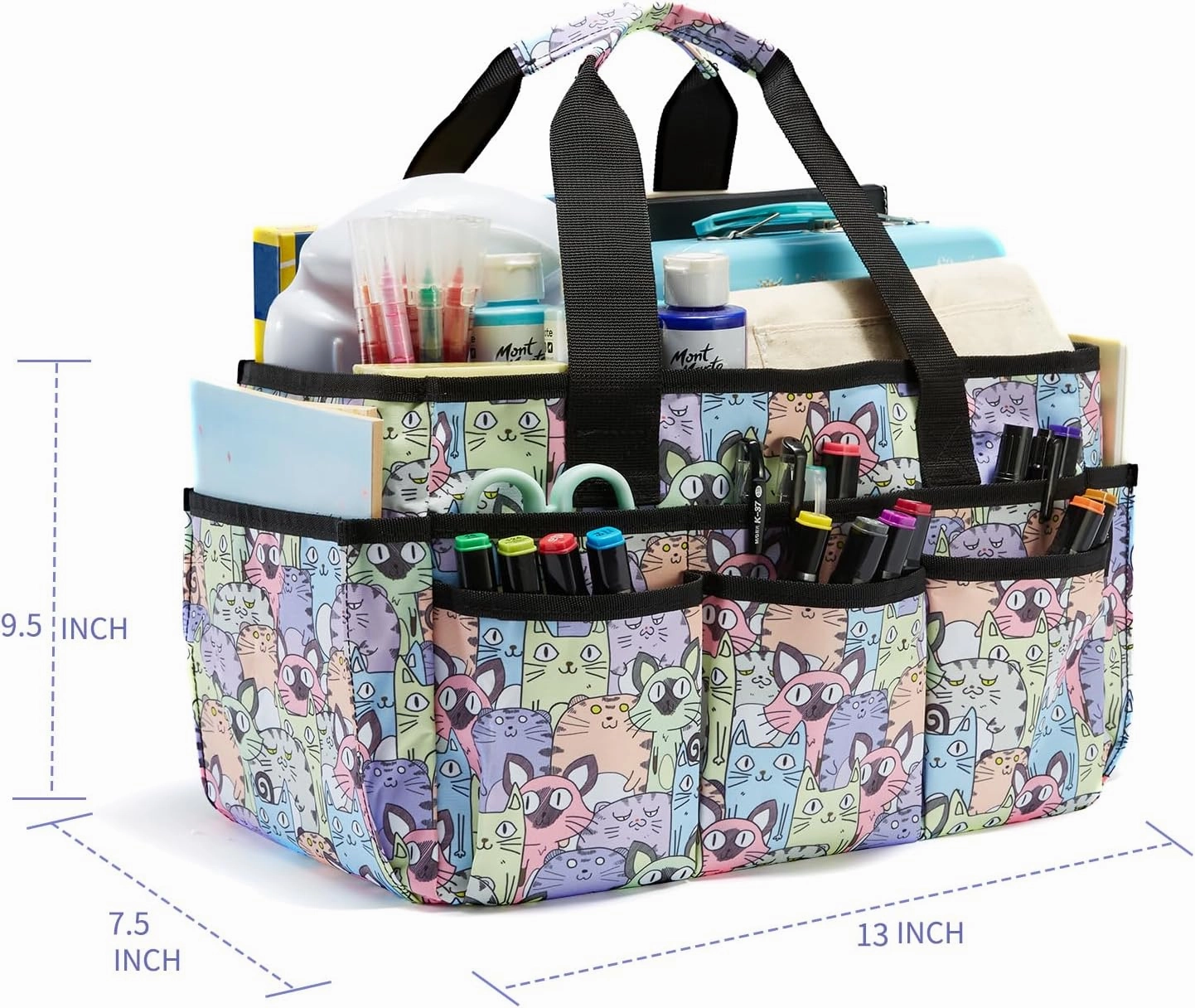 Craft Organizer Tote Bag, Art Caddy Bag with Multiple Pockets, Sewing Bags for Scrapbooking, Home and Office Supplies (Cat)