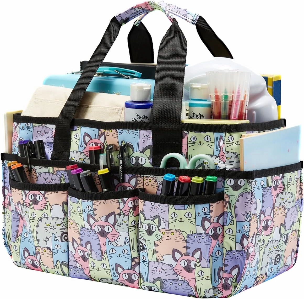 Craft Organizer Tote Bag, Art Caddy Bag with Multiple Pockets, Sewing Bags for Scrapbooking, Home and Office Supplies (Cat)