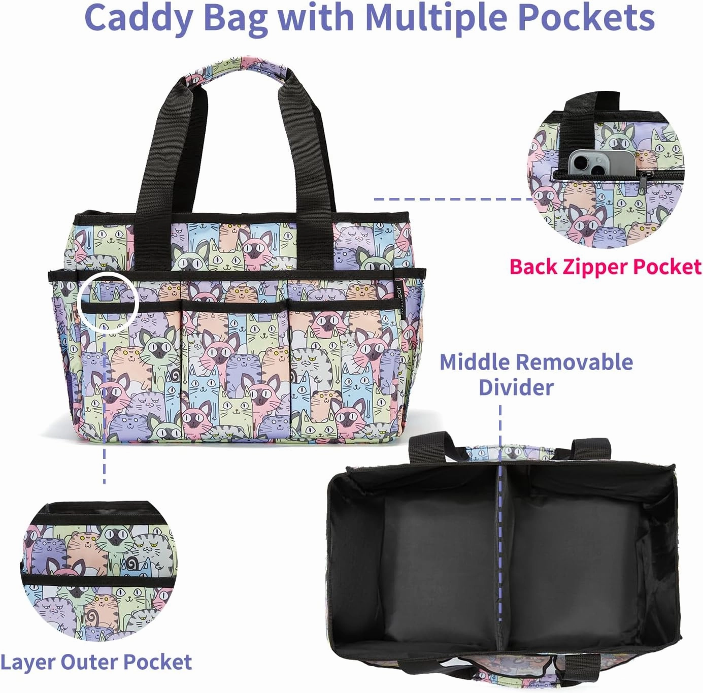 Craft Organizer Tote Bag, Art Caddy Bag with Multiple Pockets, Sewing Bags for Scrapbooking, Home and Office Supplies (Cat)