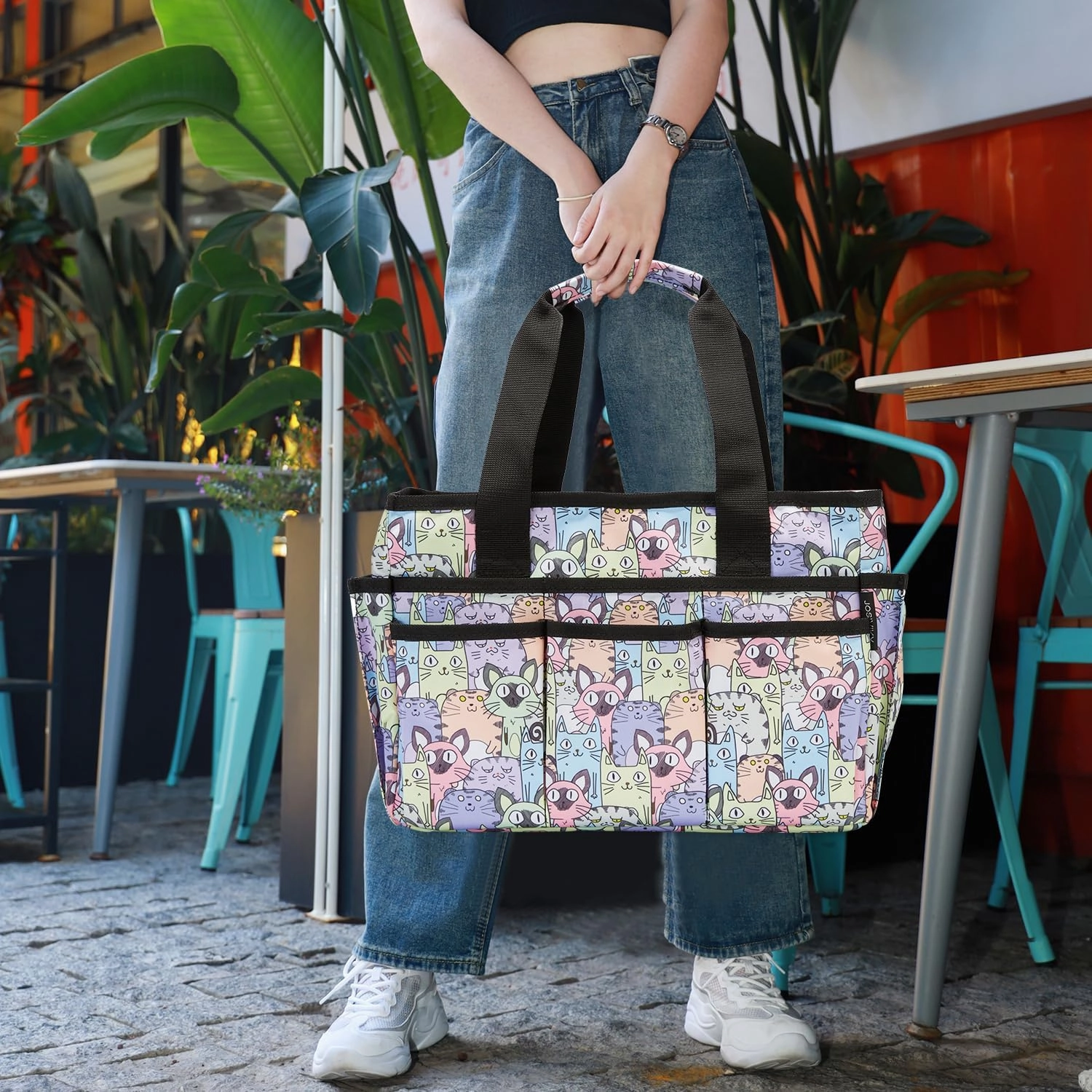 Craft Organizer Tote Bag, Art Caddy Bag with Multiple Pockets, Sewing Bags for Scrapbooking, Home and Office Supplies (Cat)