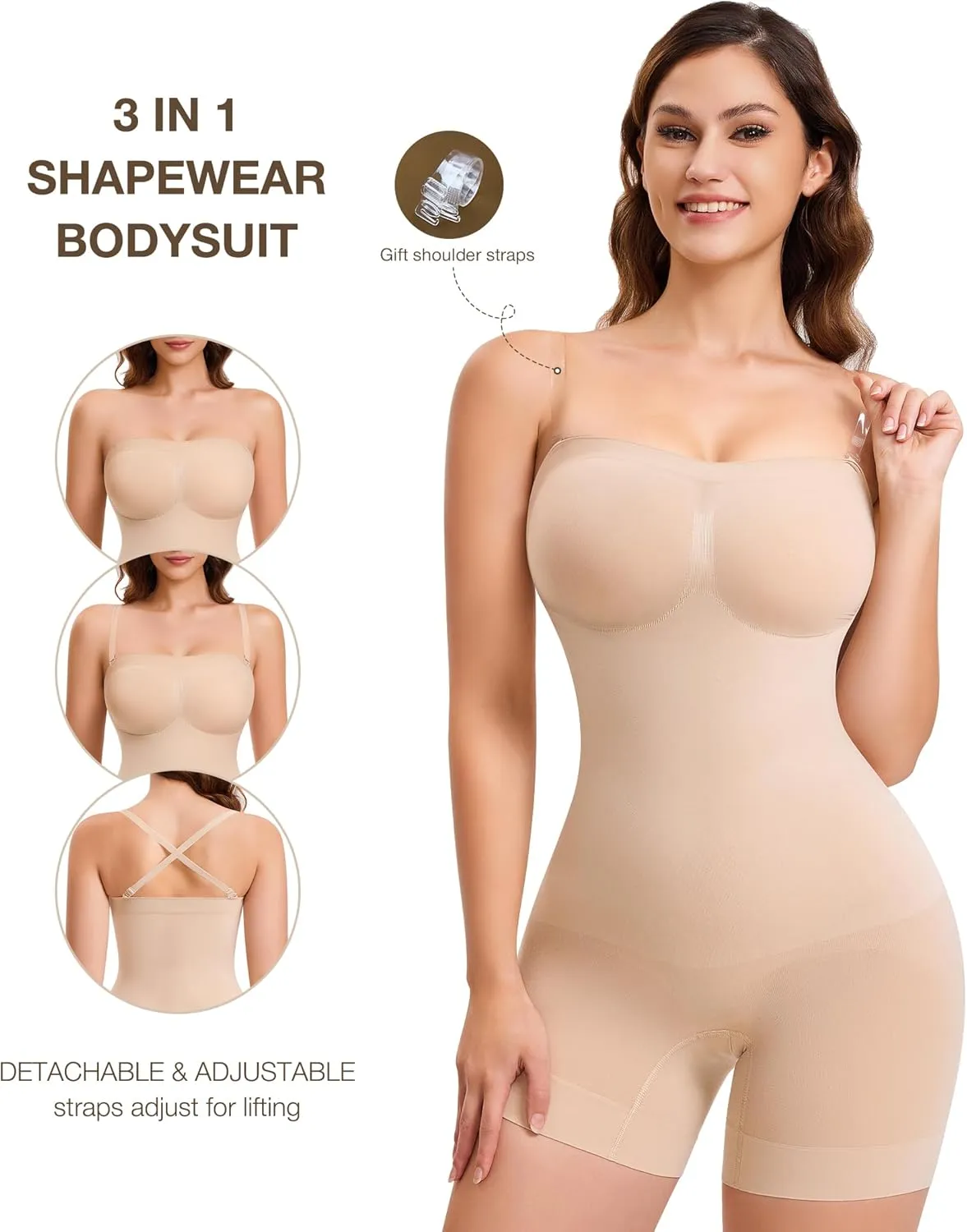 CtriLady Strapless Shapewear Bodysuit for Women Tummy Control Shapewear Seamless Full Body Shaper with Removable Straps