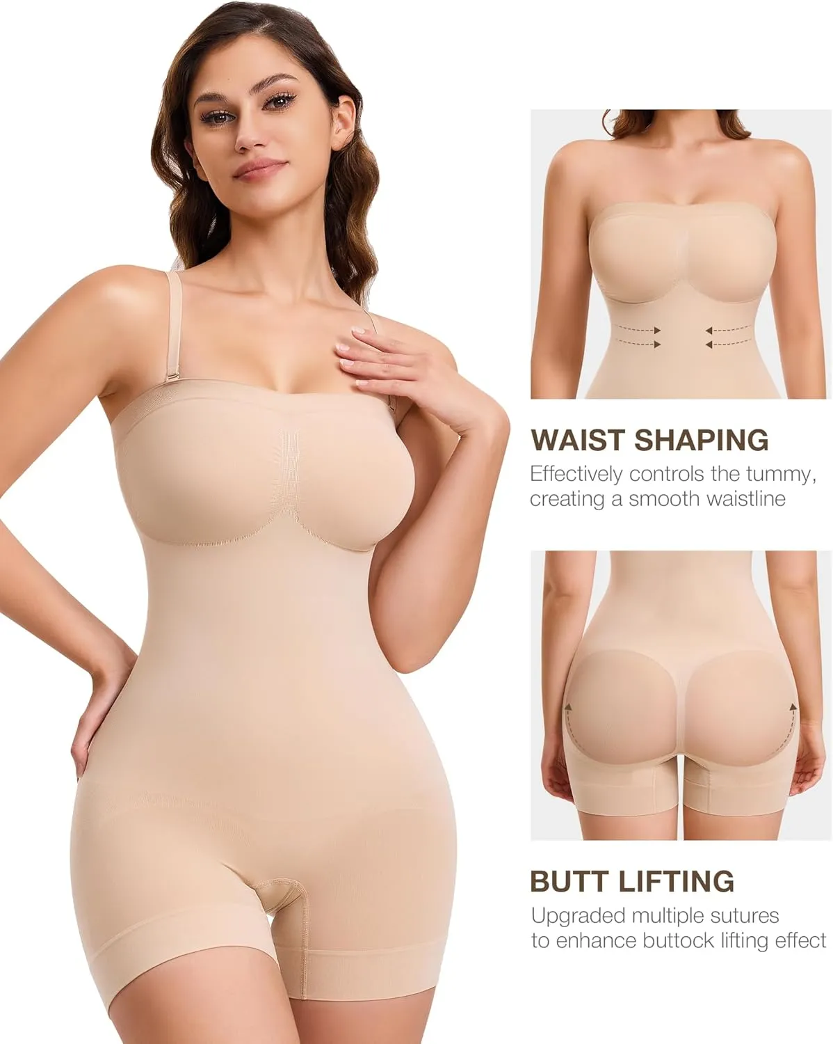 CtriLady Strapless Shapewear Bodysuit for Women Tummy Control Shapewear Seamless Full Body Shaper with Removable Straps