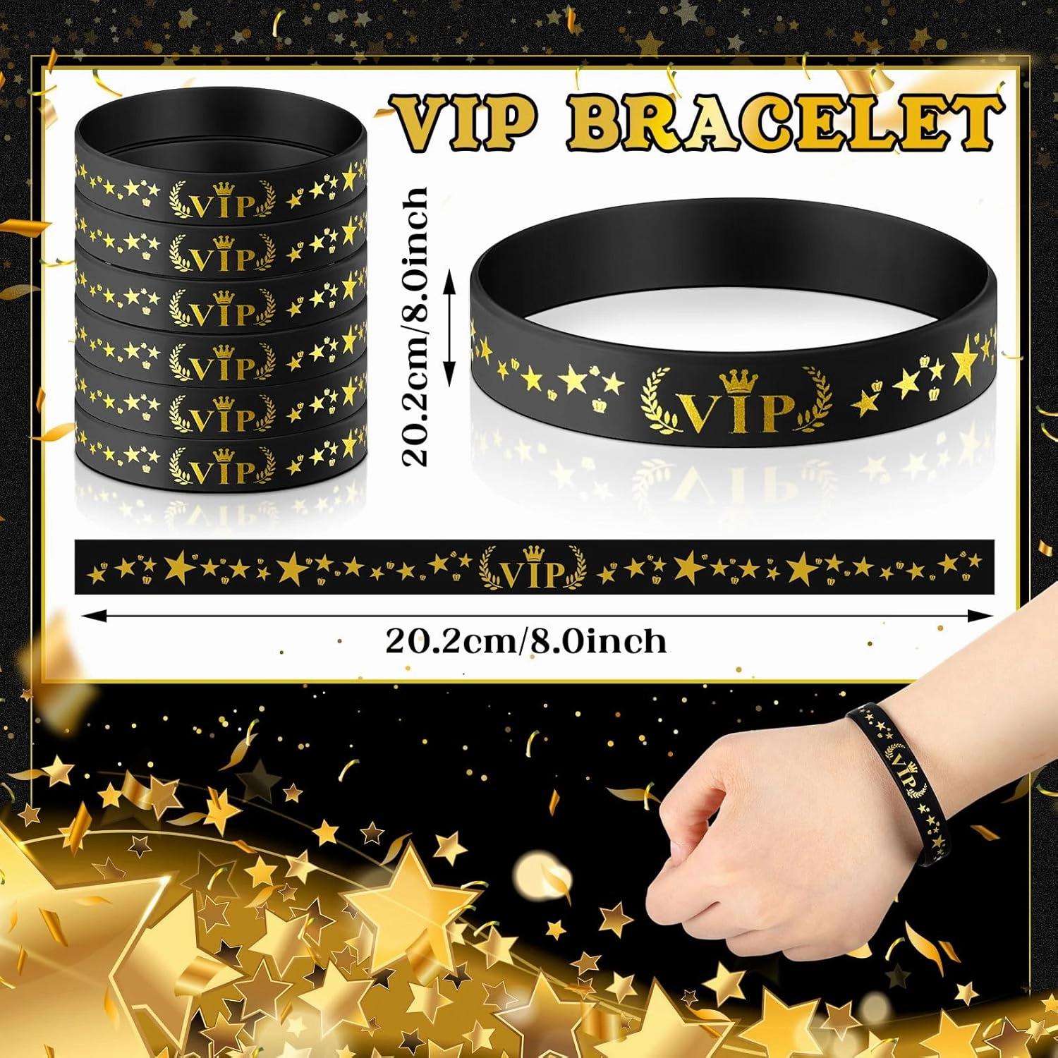 Cunno 100/200 Pcs Silicone VIP Wristbands Reusable Black Gold Identification Bracelets for Events Party Festivals Wedding Concert Fair Amusement School Office Supplies