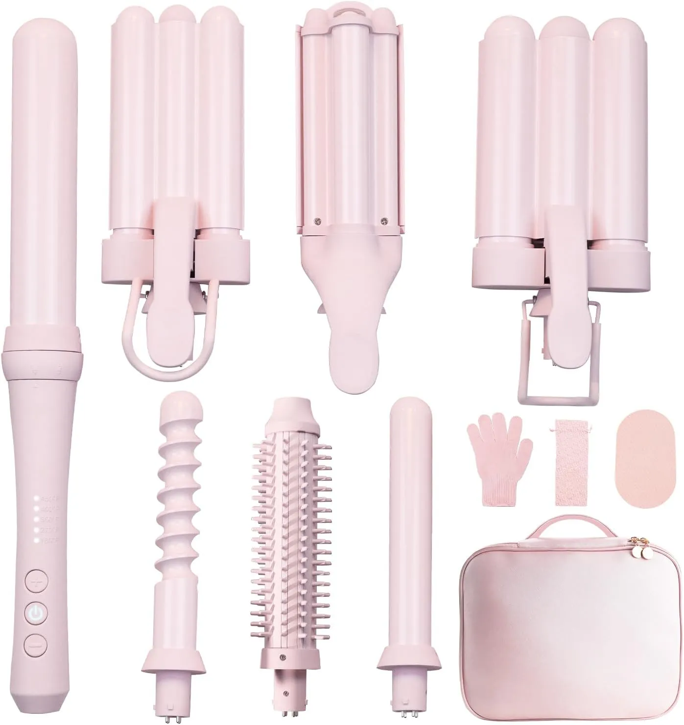 Curling Iron Set 7-in-1, Curling Wand Set with 7 Interchangeable Barrels Included A Heated Round Brush, 3 Hair Crimper, Ceramic Coating Protect Hair, with Gift Package (0.6"-1.25") Pink