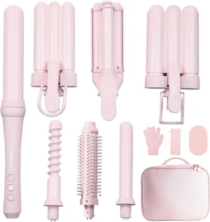 Curling Iron Set 7-in-1, Curling Wand Set with 7 Interchangeable Barrels Included A Heated Round Brush, 3 Hair Crimper, Ceramic Coating Protect Hair, with Gift Package (0.6"-1.25") Pink